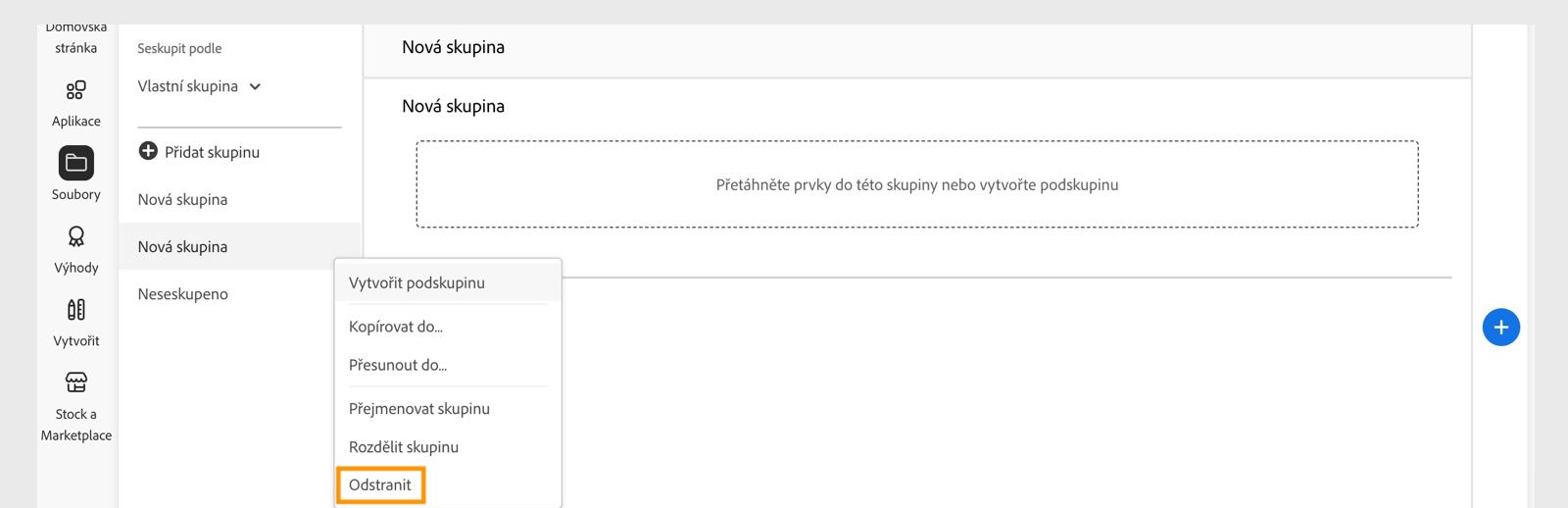 Kontextová nabídka skupiny knihovny, která se zobrazí po kliknutí pravým tlačítkem myši na skupinu nebo podskupinu, nabízí možnost delete skupinu nebo podskupinu knihovny. 