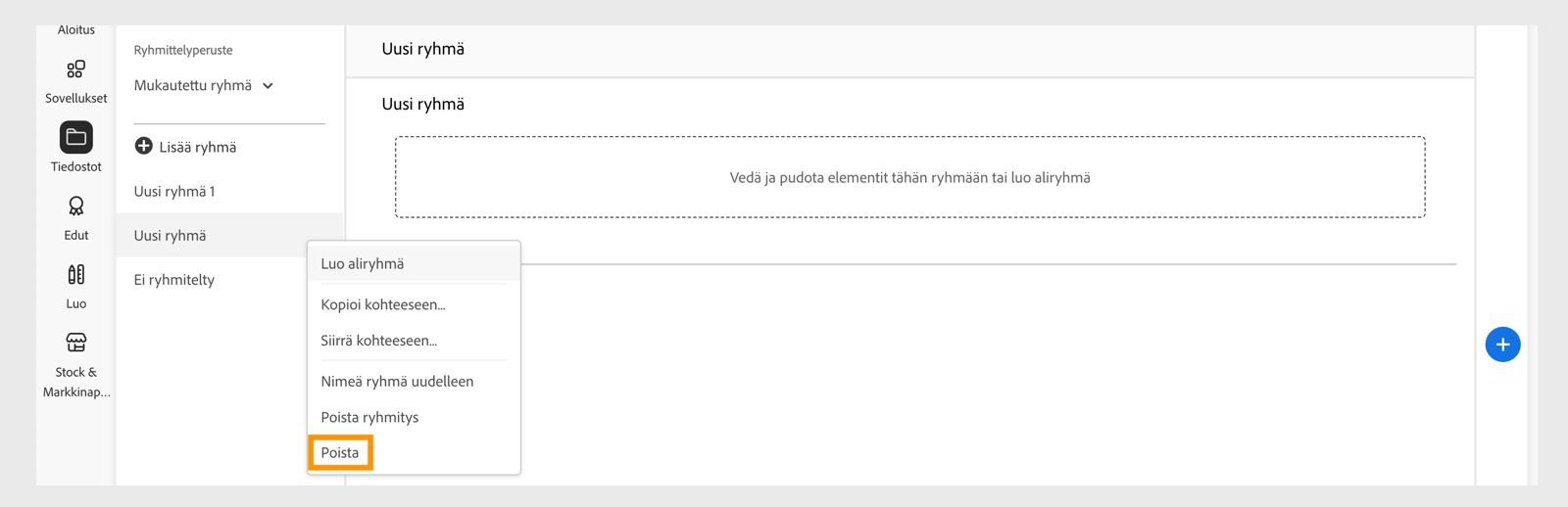 Kirjastoryhmän pikavalikko, joka tulee näkyviin, kun napsautat ryhmää tai aliryhmää hiiren kakkospainikkeella, tarjoaa vaihtoehdon kirjastoryhmän tai aliryhmän poistamiseen. 