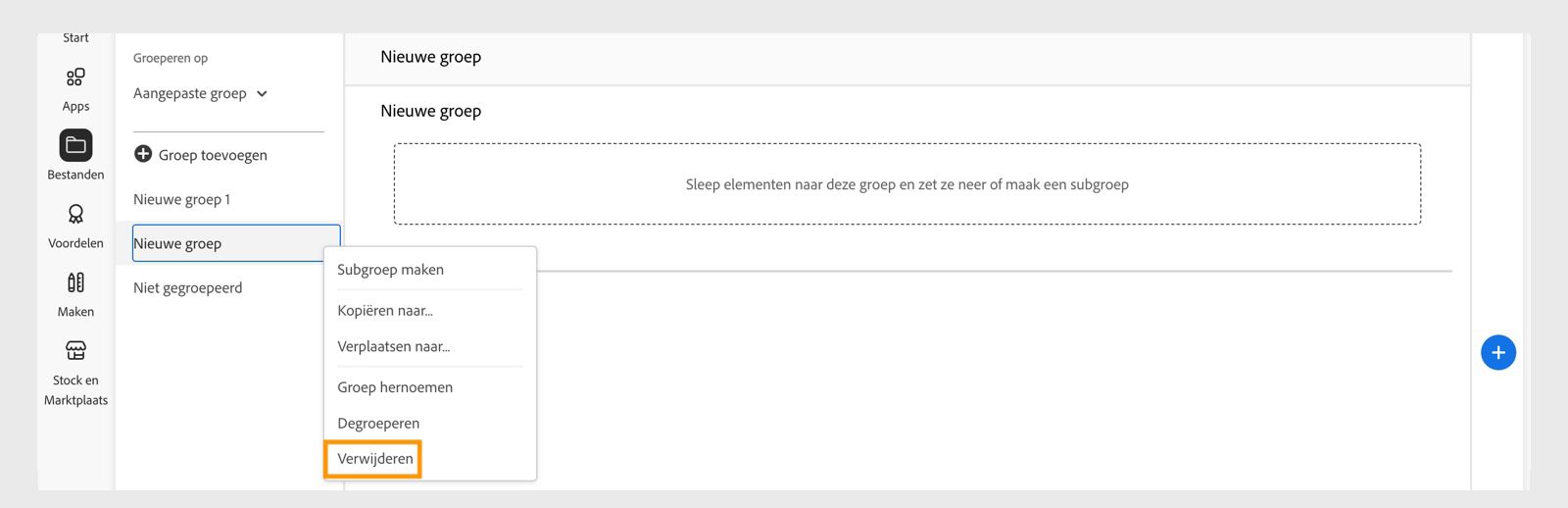 Het contextmenu van de bibliotheekgroep, dat verschijnt wanneer je met de rechtermuisknop op een groep of subgroep klikt, biedt de optie om de bibliotheekgroep of subgroep te verwijderen. 