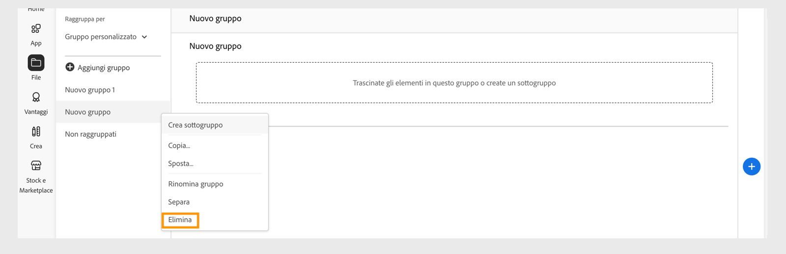 Il menu contestuale del gruppo della libreria, che appare quando fai clic con il tasto destro su un gruppo o sottogruppo, offre l'opzione di eliminare il gruppo o sottogruppo della libreria. 