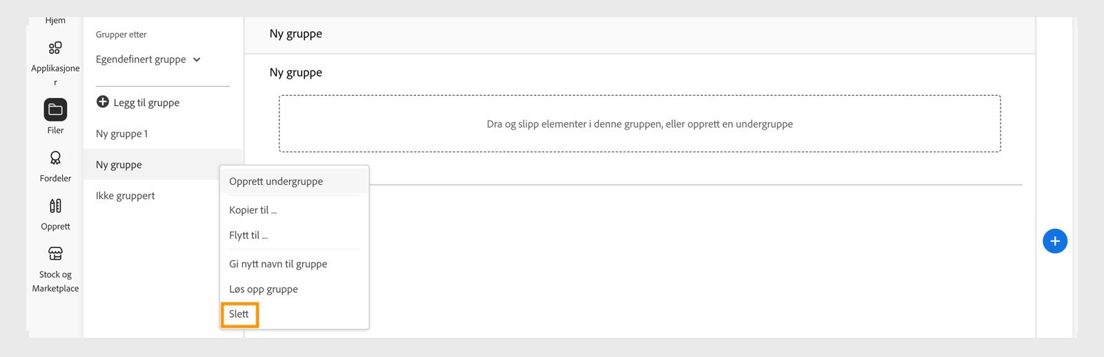 Kontekstmenyen for bibliotekgruppen, som vises når du høyreklikker på en gruppe eller undergruppe, gir muligheten til å delete bibliotekgruppen eller undergruppen. 