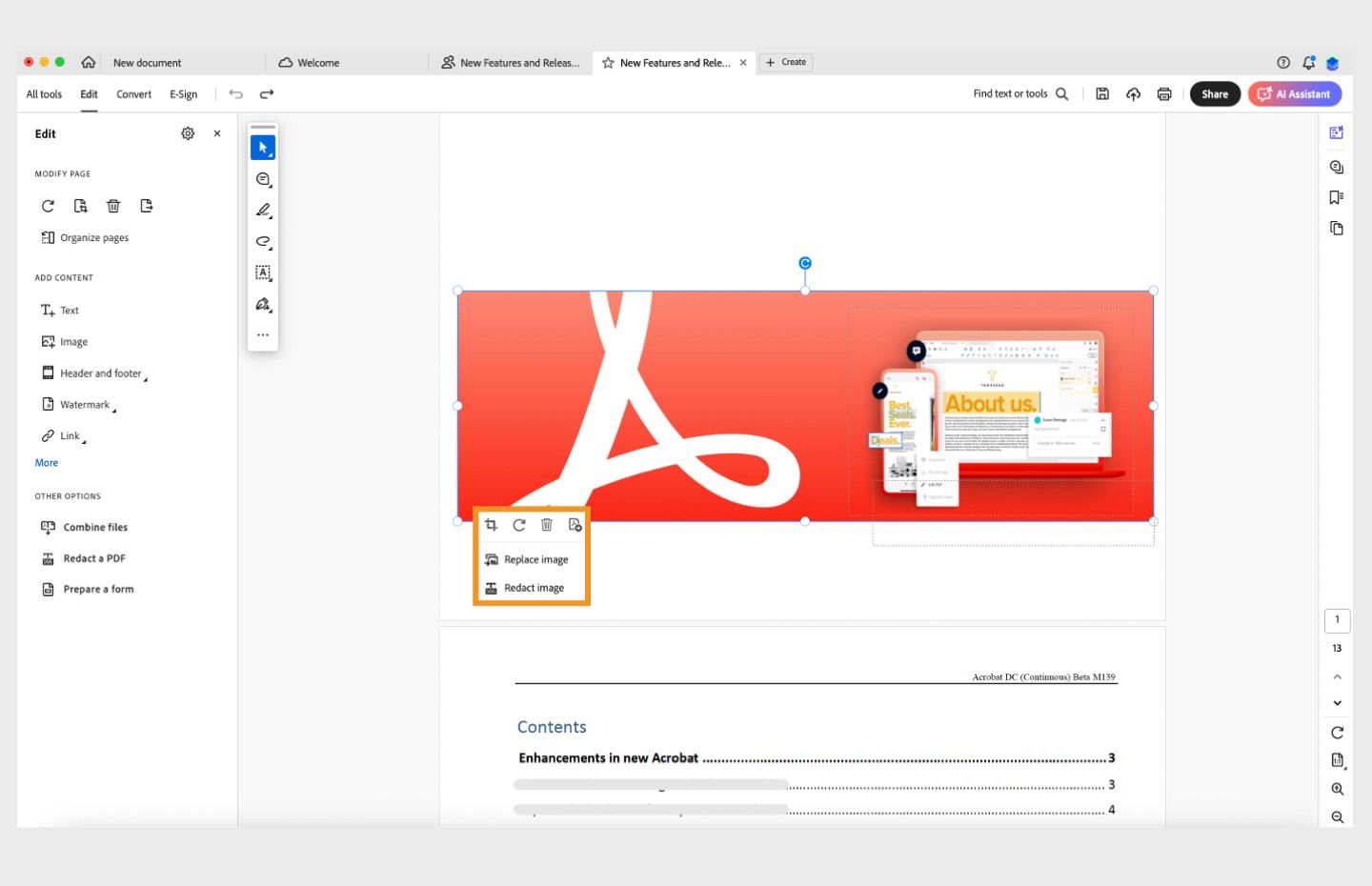 PDF נפתח ב-Acrobat. תמונה נבחרה במסמך PDF ותפריט ההקשר מודגש. 