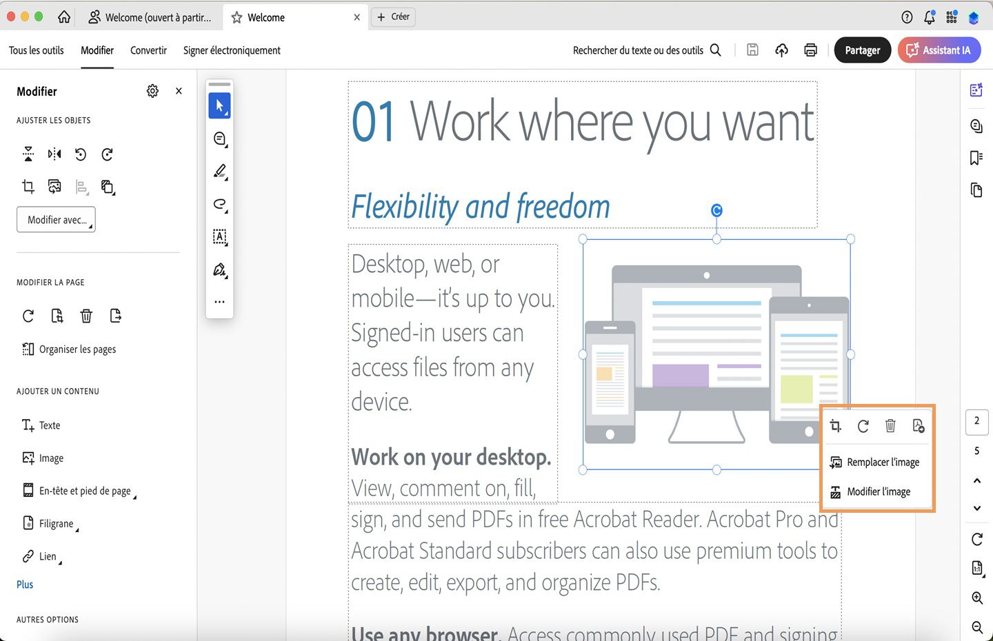 Un fichier PDF s’ouvre dans Acrobat. Une image est sélectionnée dans le PDF et le menu contextuel s’affiche. 