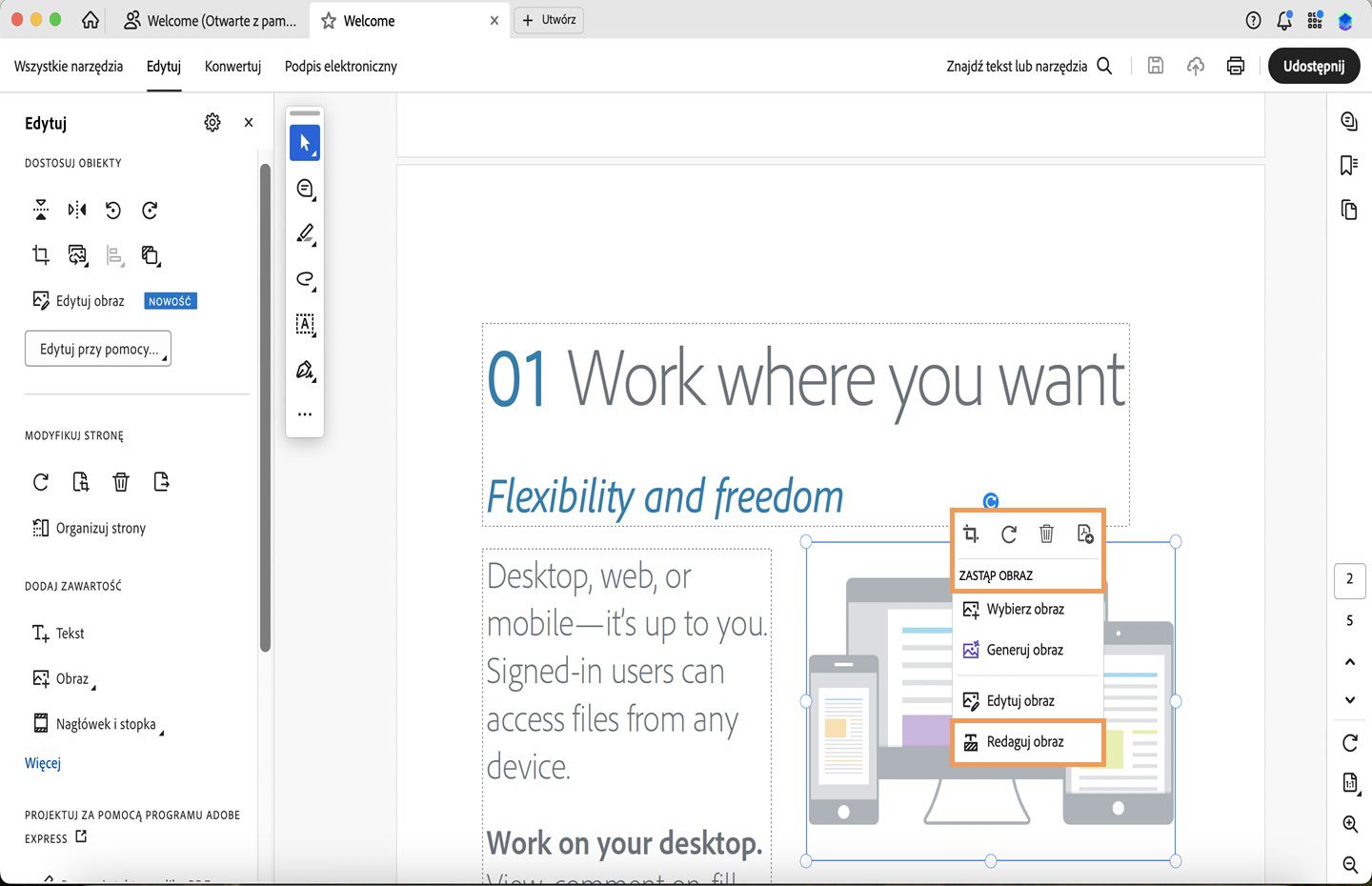 Plik PDF otwiera się w programie Acrobat. Obraz jest wybrany w pliku PDF, a menu kontekstowe jest podświetlone. 