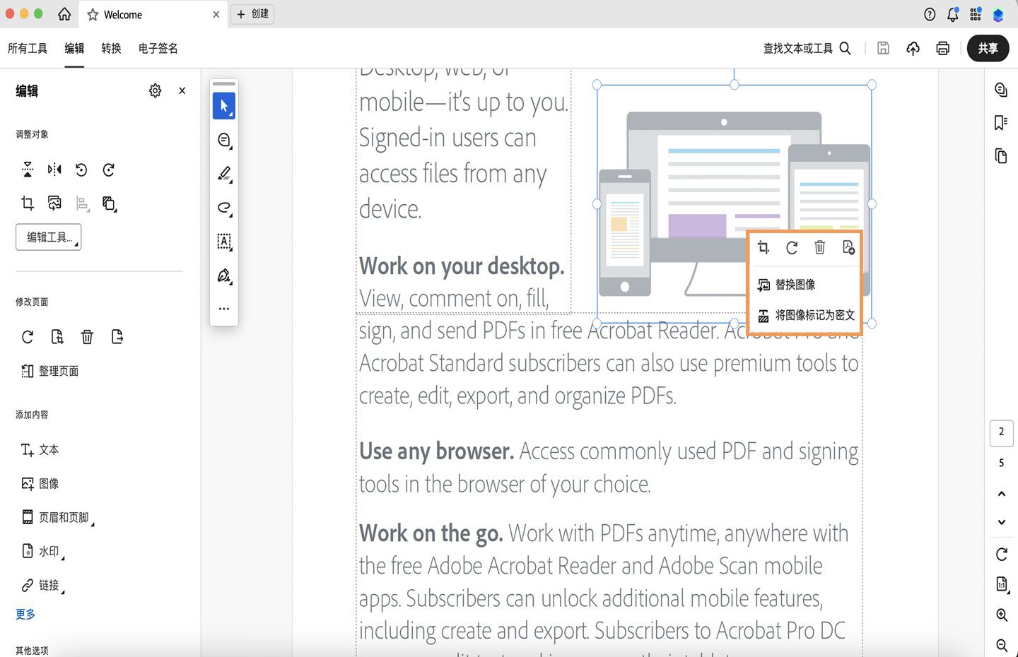 此时将在 Acrobat 中打开 PDF。 一幅图像在 PDF 中处于选中状态，并突出显示上下文菜单。 