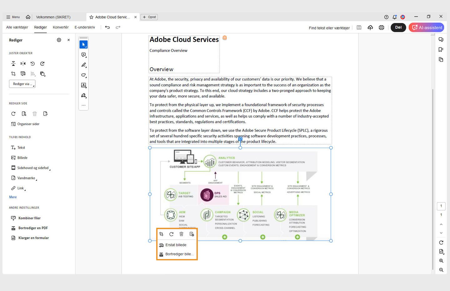 En PDF åbnes i Acrobat. Der er markeret et billede i PDF-filen, og genvejsmenuen er fremhævet. 