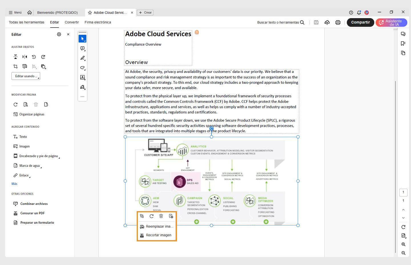 Se abre un PDF en Acrobat. Se selecciona una imagen en el PDF y se resalta el menú contextual. 