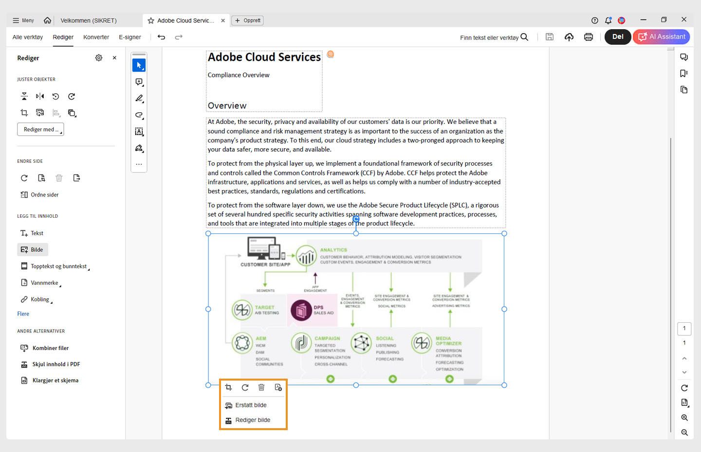 En PDF åpnes i Acrobat. Et bilde velges i PDF-filen og kontekstmenyen utheves. 