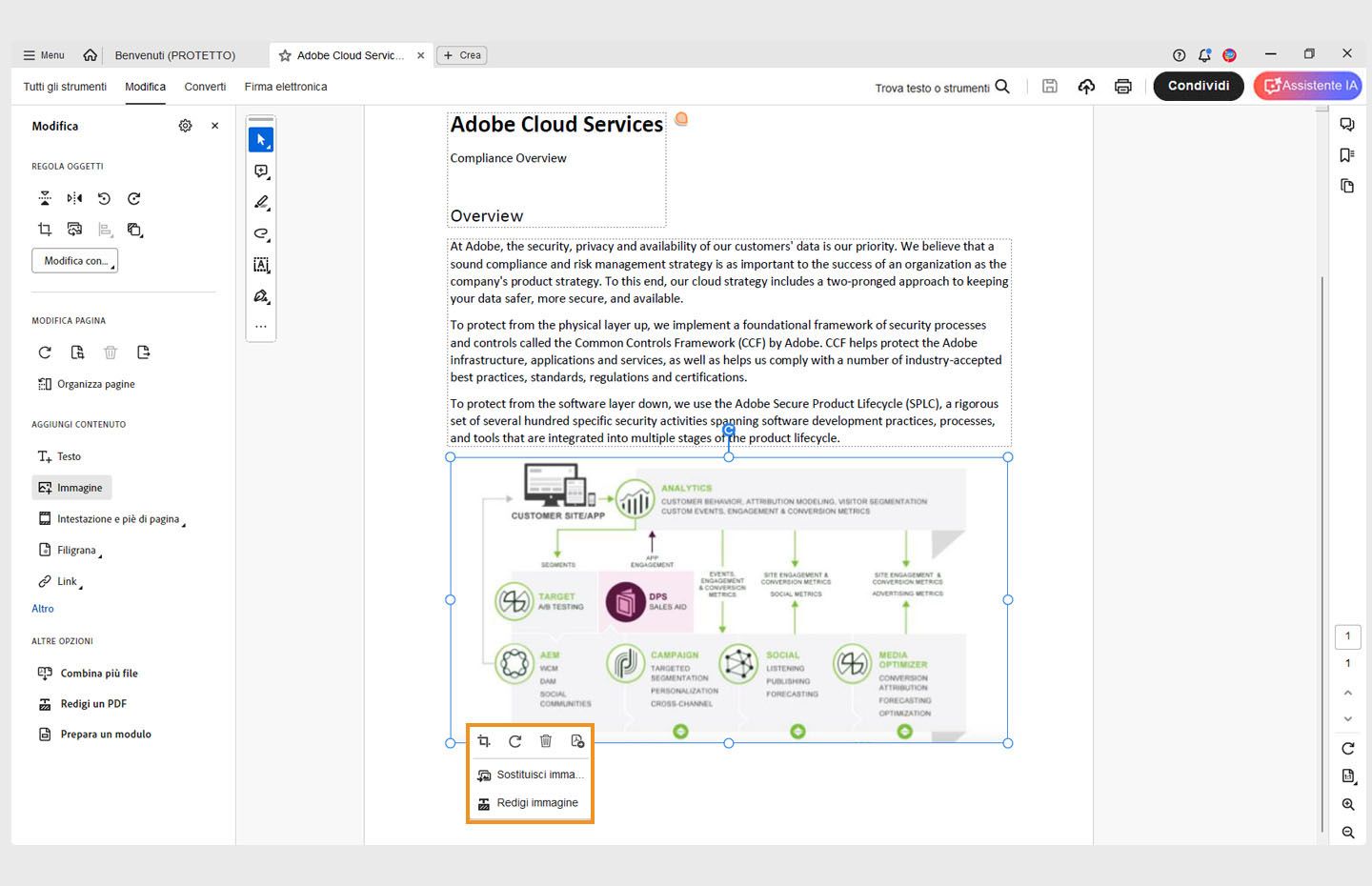 Un PDF è aperto in Acrobat.Un’immagine viene selezionata nel PDF e il menu contestuale è evidenziato. 