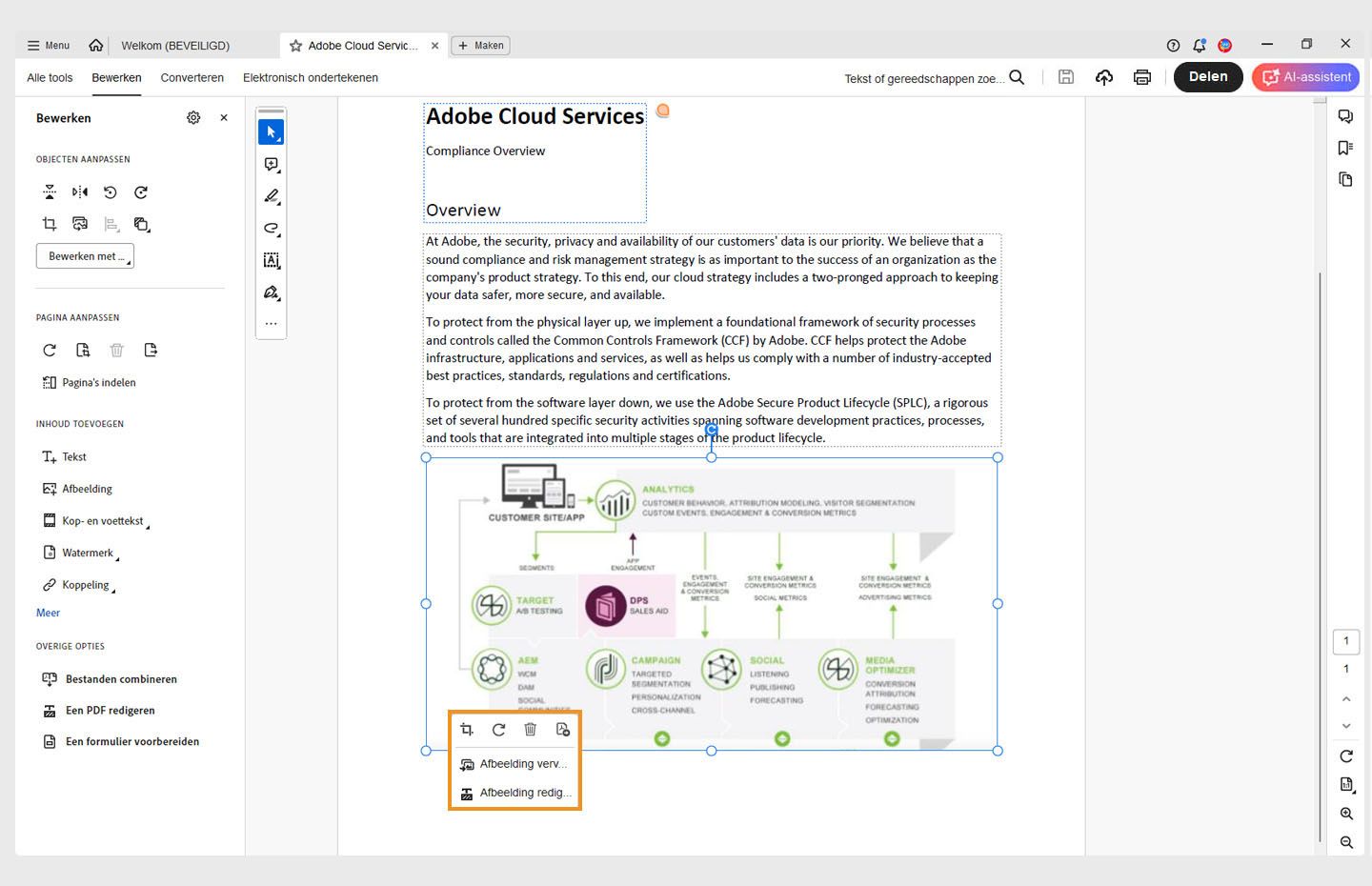 Een PDF wordt geopend in Acrobat. In de PDF is een afbeelding geselecteerd en het contextmenu is gemarkeerd. 
