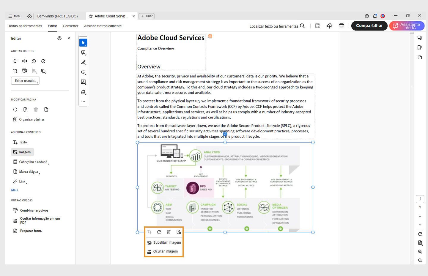 Um PDF é aberto no Acrobat. Uma imagem selecionada no PDF com o menu contextual realçado. 