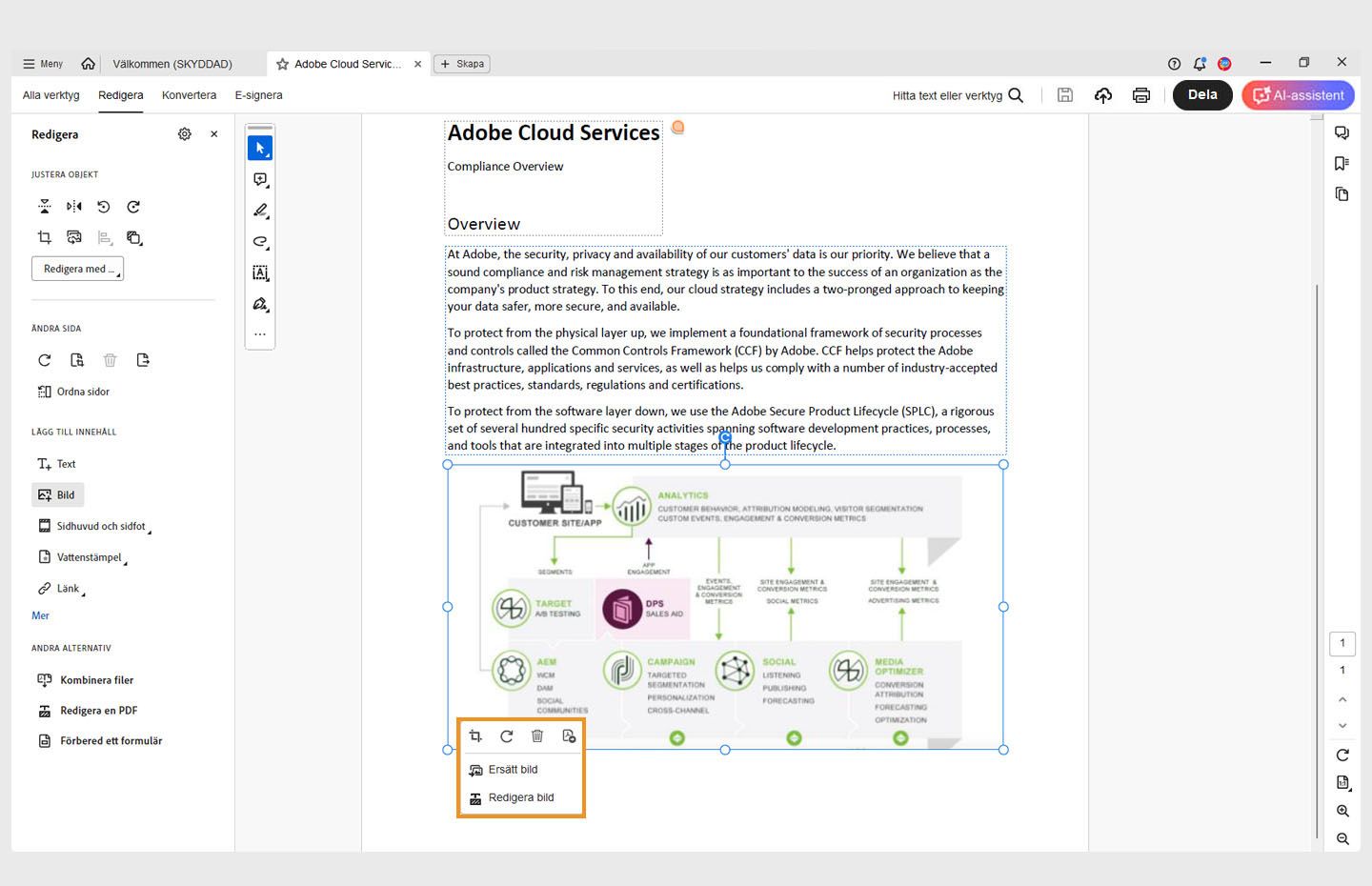 En PDF-fil öppnas i Acrobat. En bild markeras i PDF-filen och den sammanhangsberoende menyn visas. 