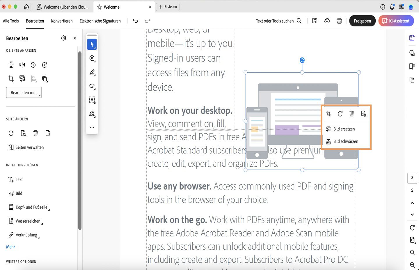 Eine PDF-Datei wird in Acrobat geöffnet. Ein Bild wird in der PDF-Datei ausgewählt und das Kontextmenü wird angezeigt. 