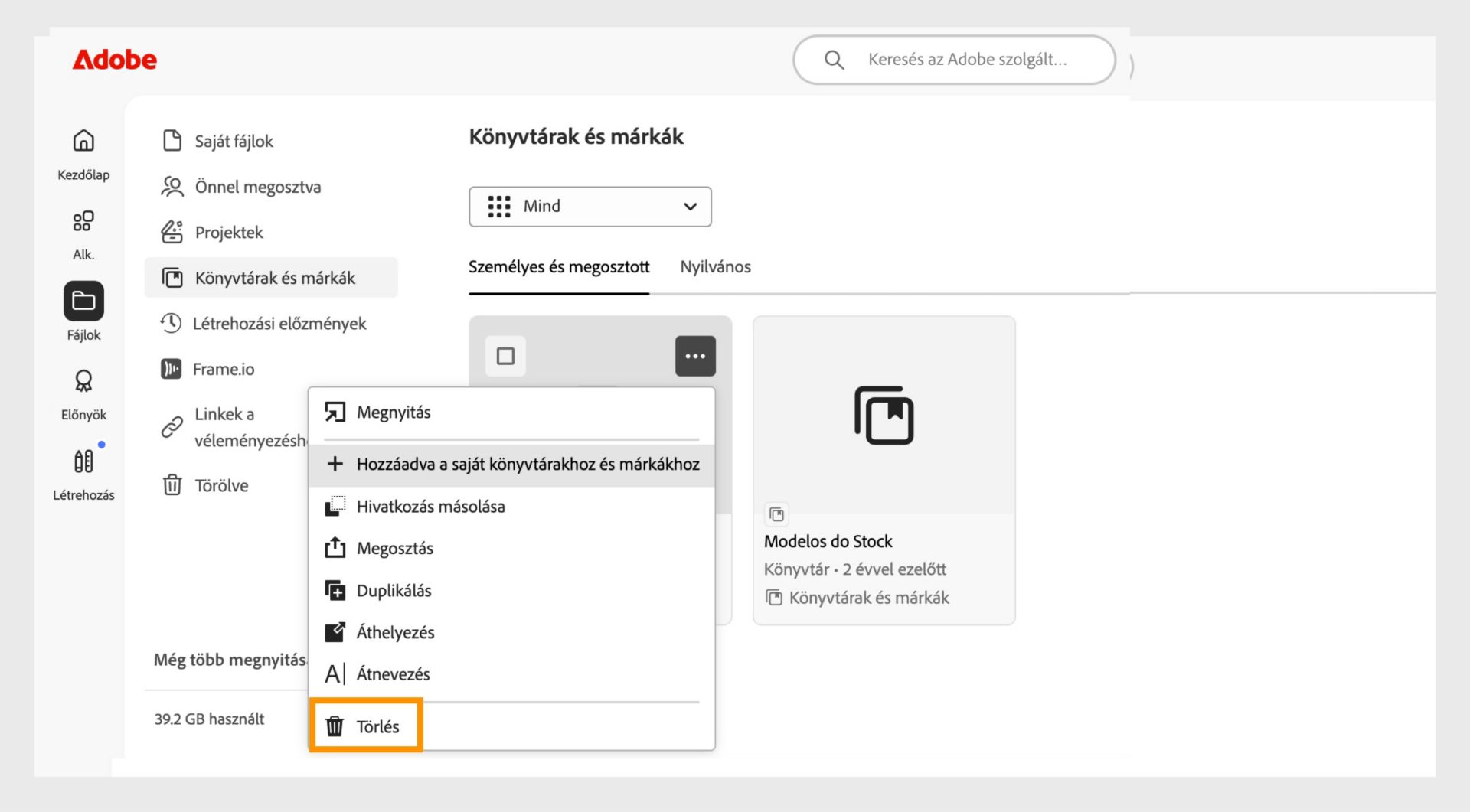 A könyvtárban lévő elemre jobb egérgombbal történő kattintáskor megnyíló helyi elemmenüben lehetőség van az elem törlésére a könyvtárból. 