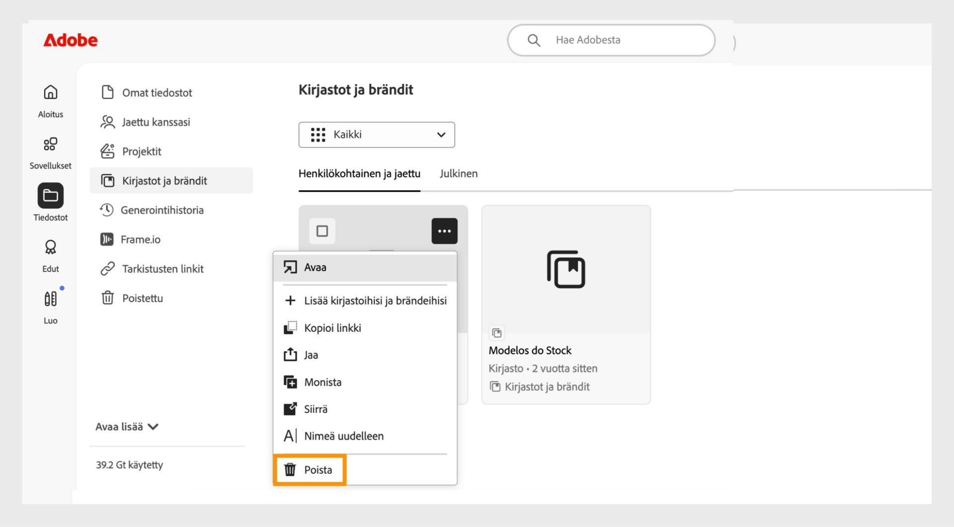 Elementin pikavalikko, joka avautuu, kun napsautat kirjastossa olevaa elementtiä hiiren kakkospainikkeella, tarjoaa vaihtoehdon elementin poistamiseen kirjastosta. 
