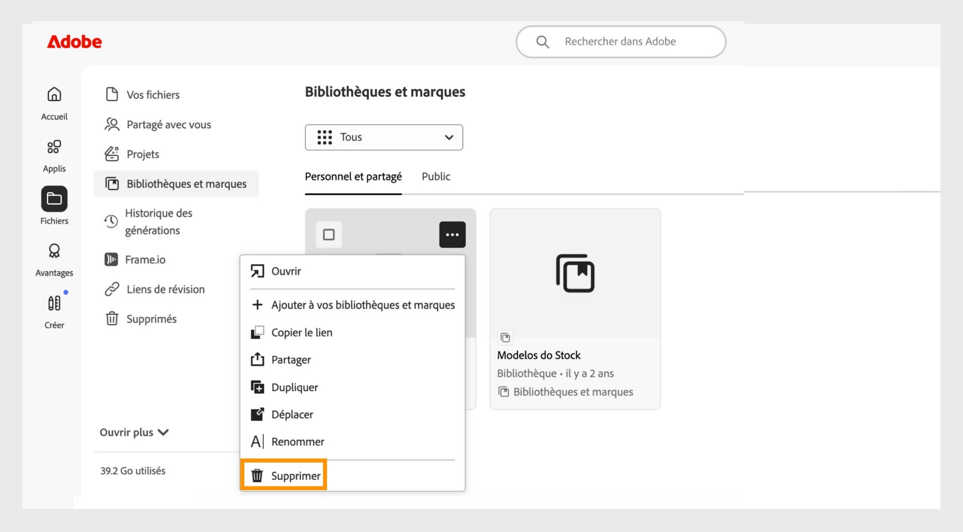 Le menu contextuel de l’élément, qui s’ouvre lorsque vous cliquez dessus avec le bouton droit dans votre bibliothèque, permet de le supprimer de celle-ci. 