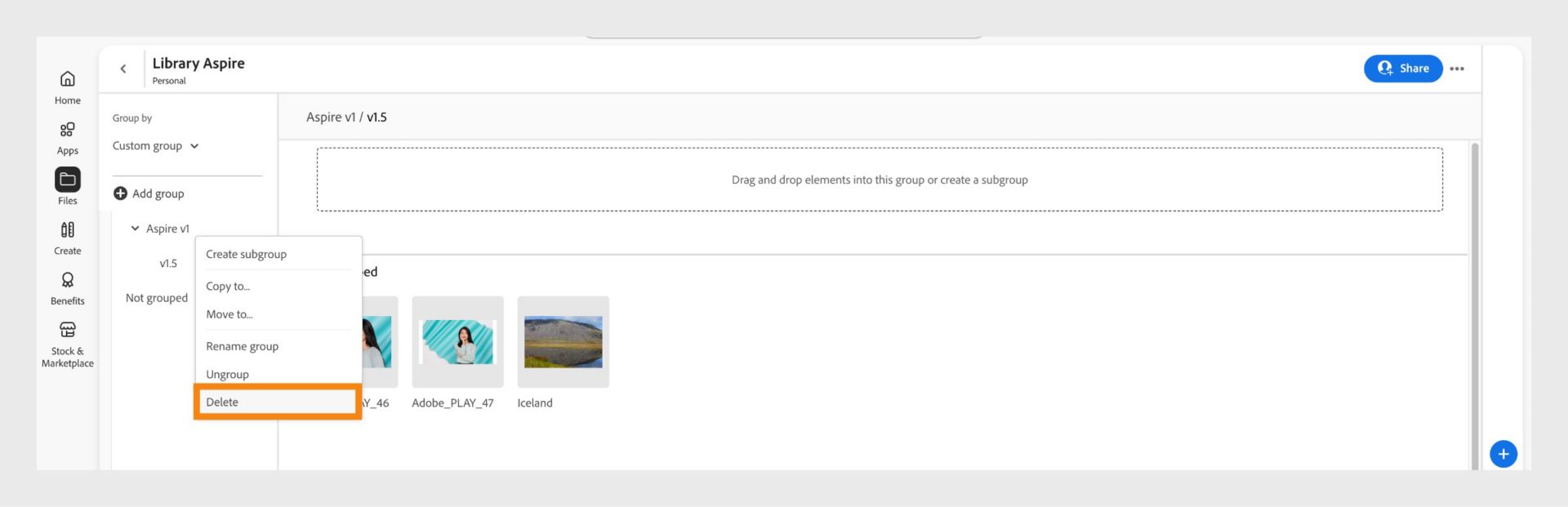 Kontekstmenyen for bibliotekgruppen, som vises når du høyreklikker på en gruppe eller undergruppe, gir muligheten til å delete bibliotekgruppen eller undergruppen.