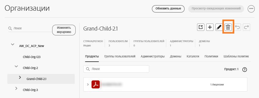 Удаление организации