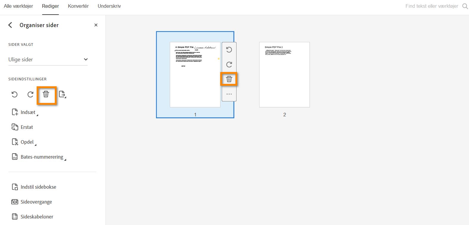 Slet side fra PDF