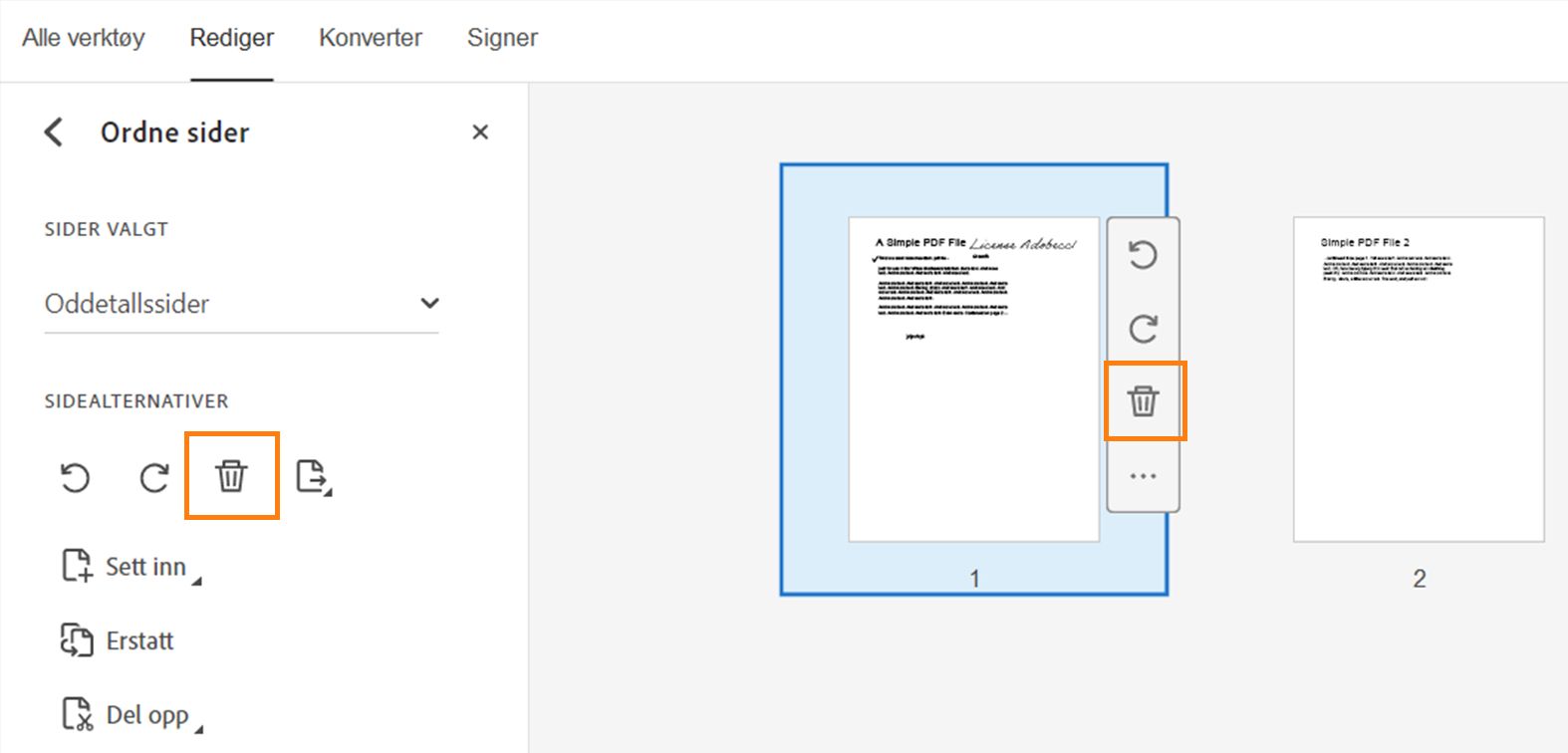 Slette side fra PDF-fil