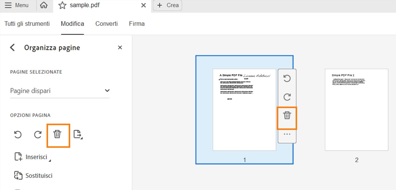 Eliminare una pagina da un file PDF