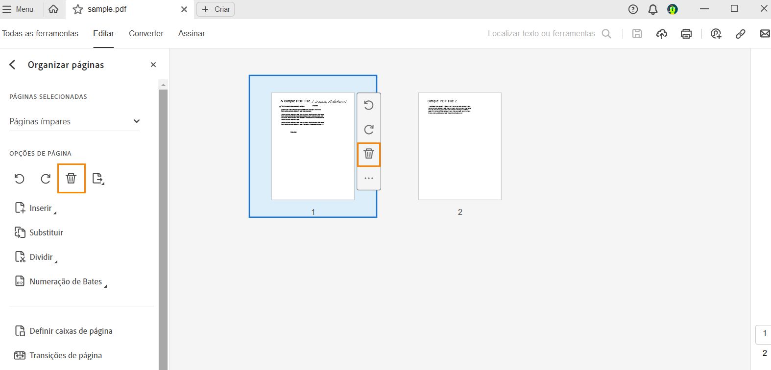 Excluir página de um PDF