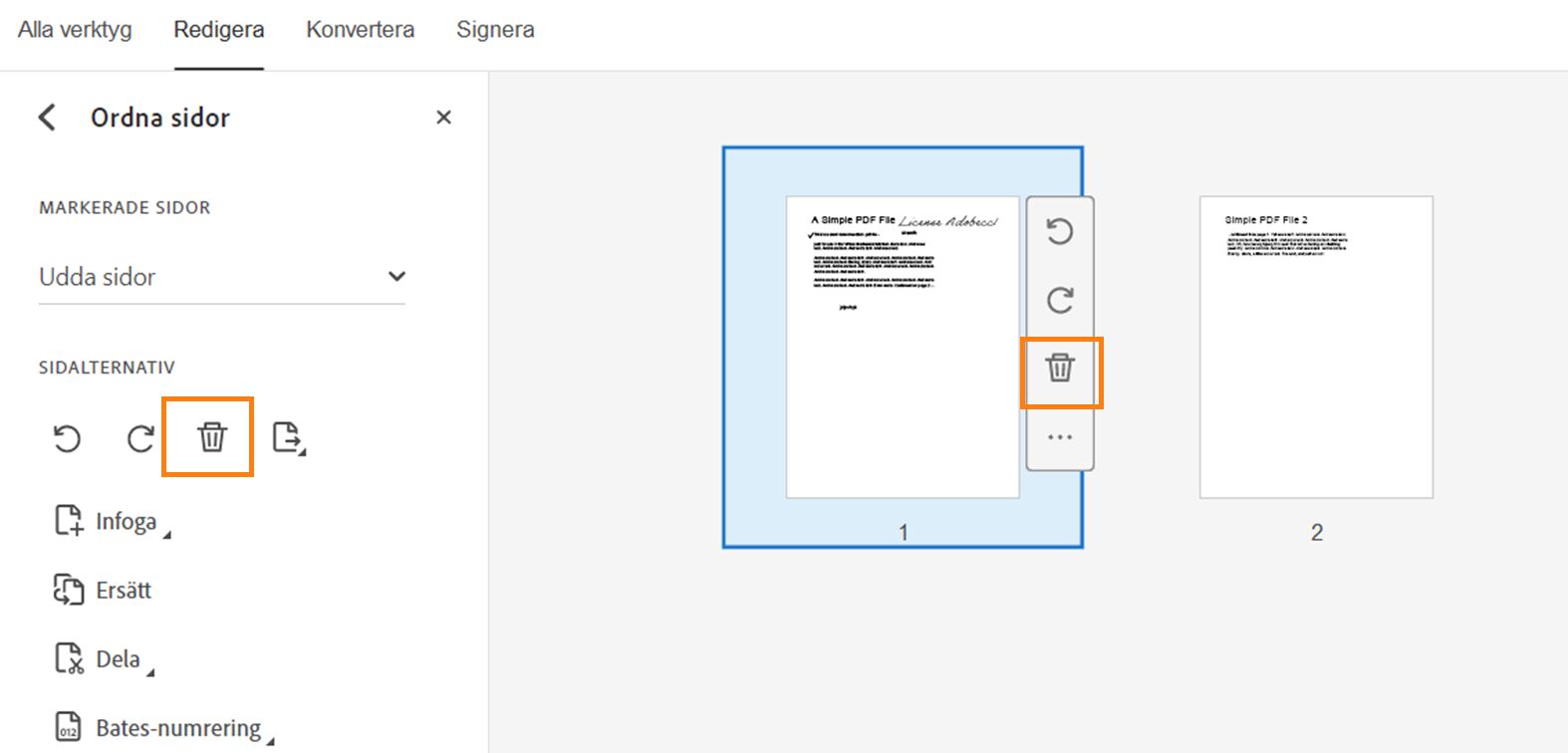 Radera sida från PDF