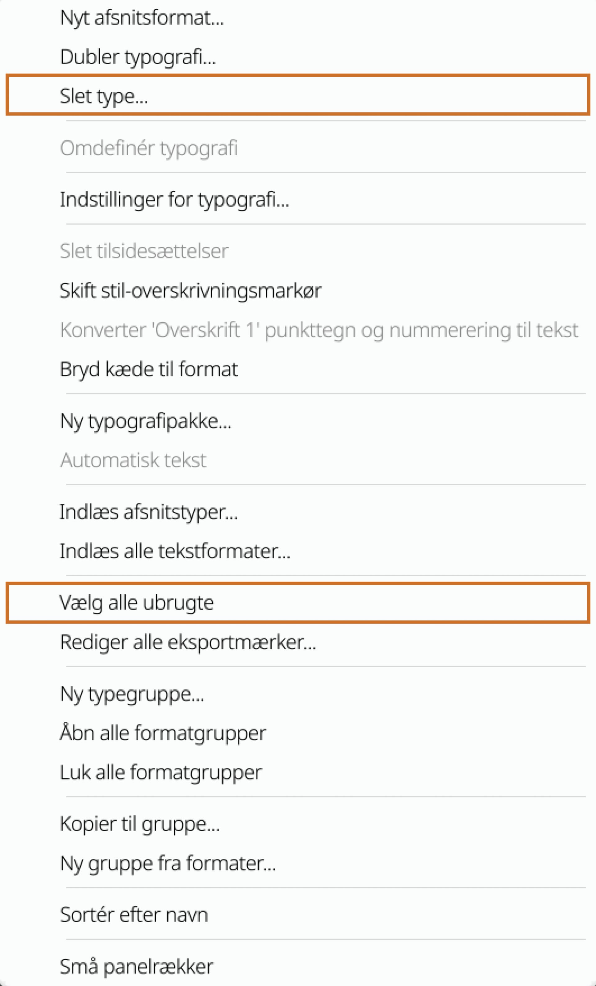 Slet tegn- og afsnitstyper i InDesign