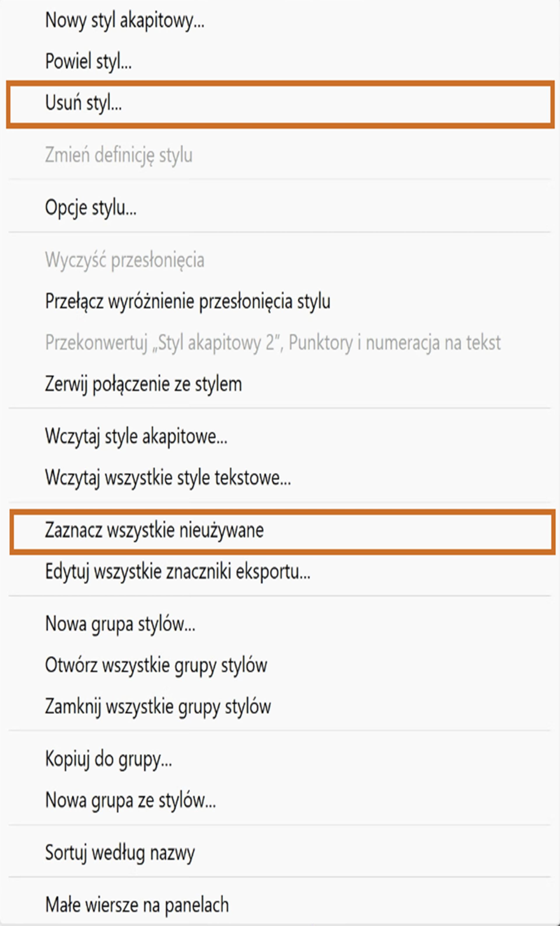 Usuwanie stylów znakowych i akapitowych w programie InDesign