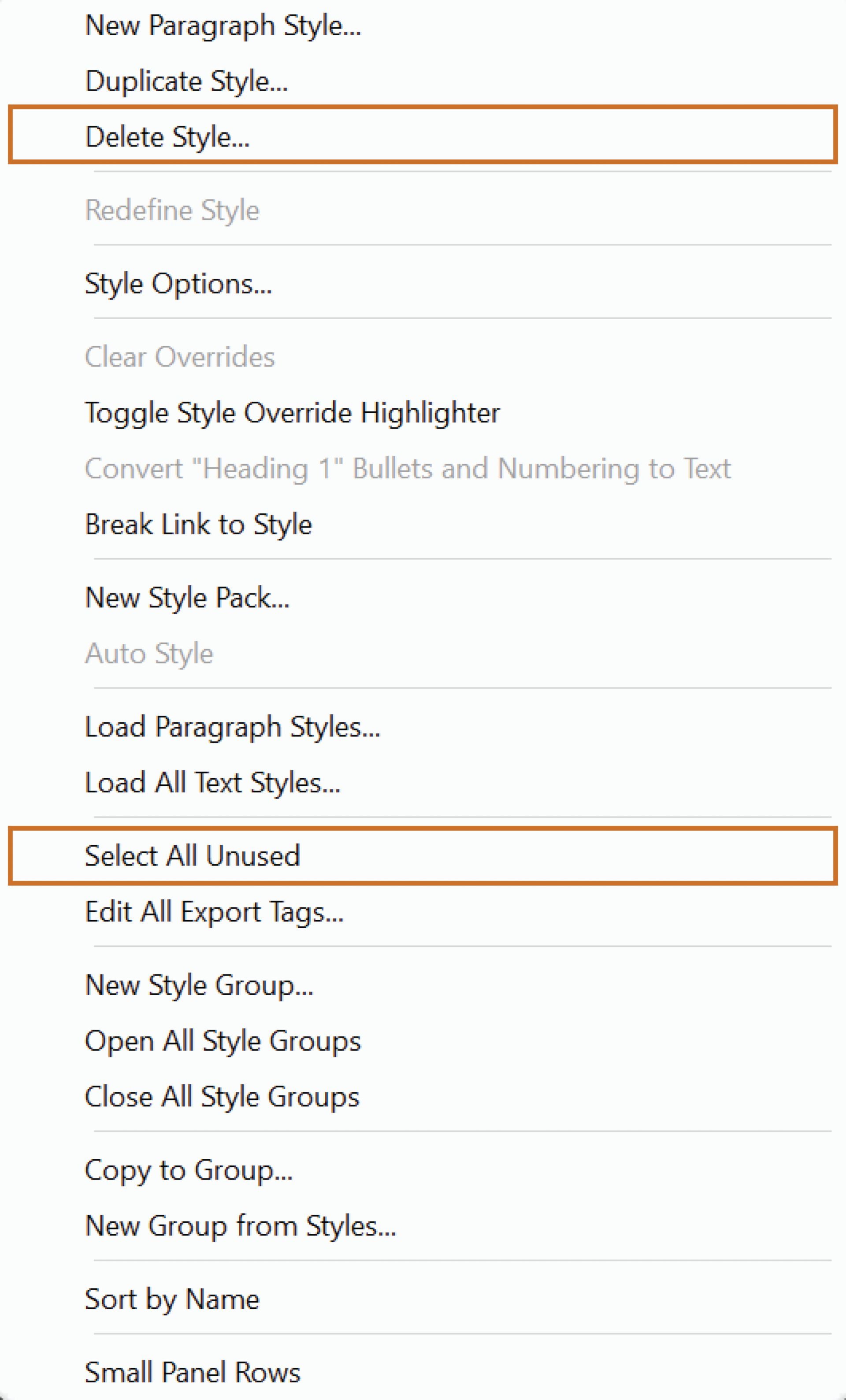 حذف أنماط الحروف والفقرات في InDesign