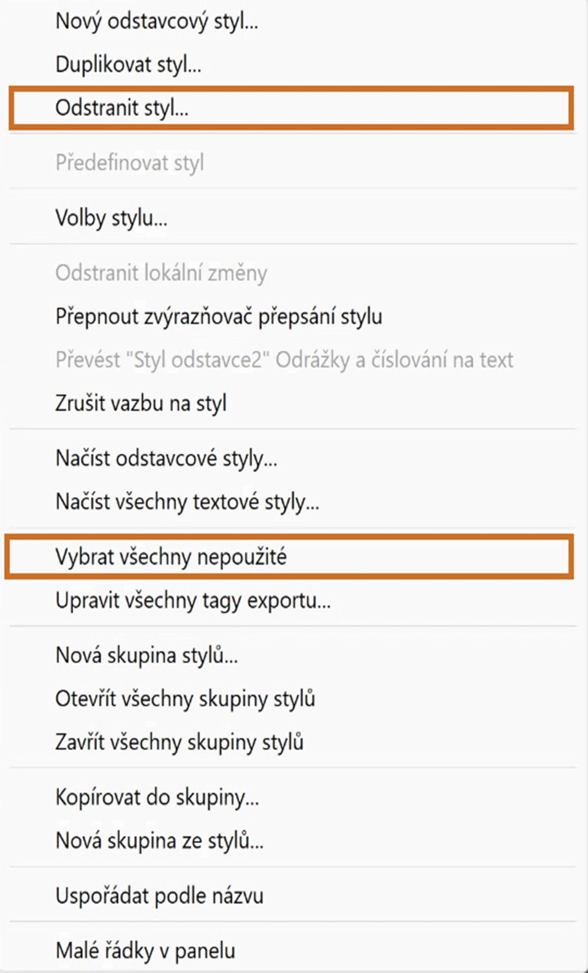 Odstranění stylů znaků a odstavců v aplikaci InDesign