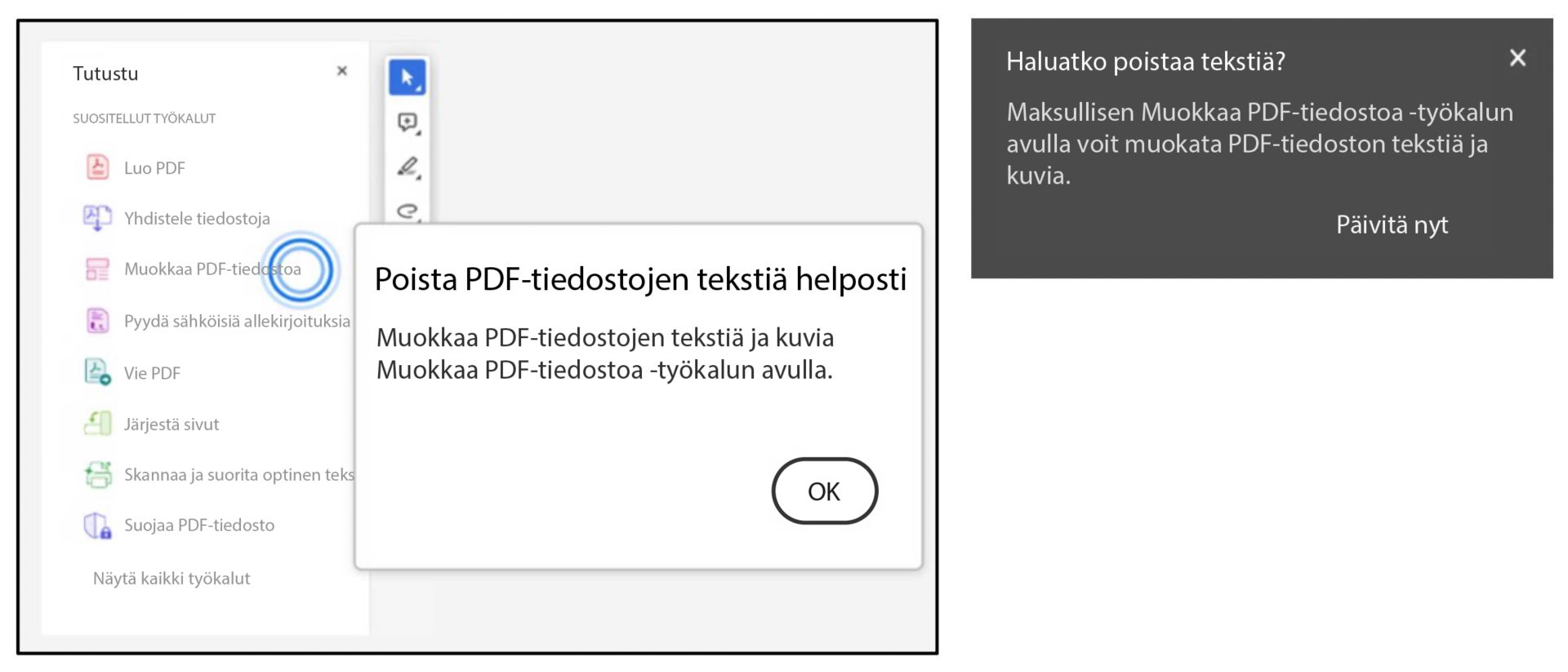 Muokkaustyökalun kehote, kun poistat tekstiä