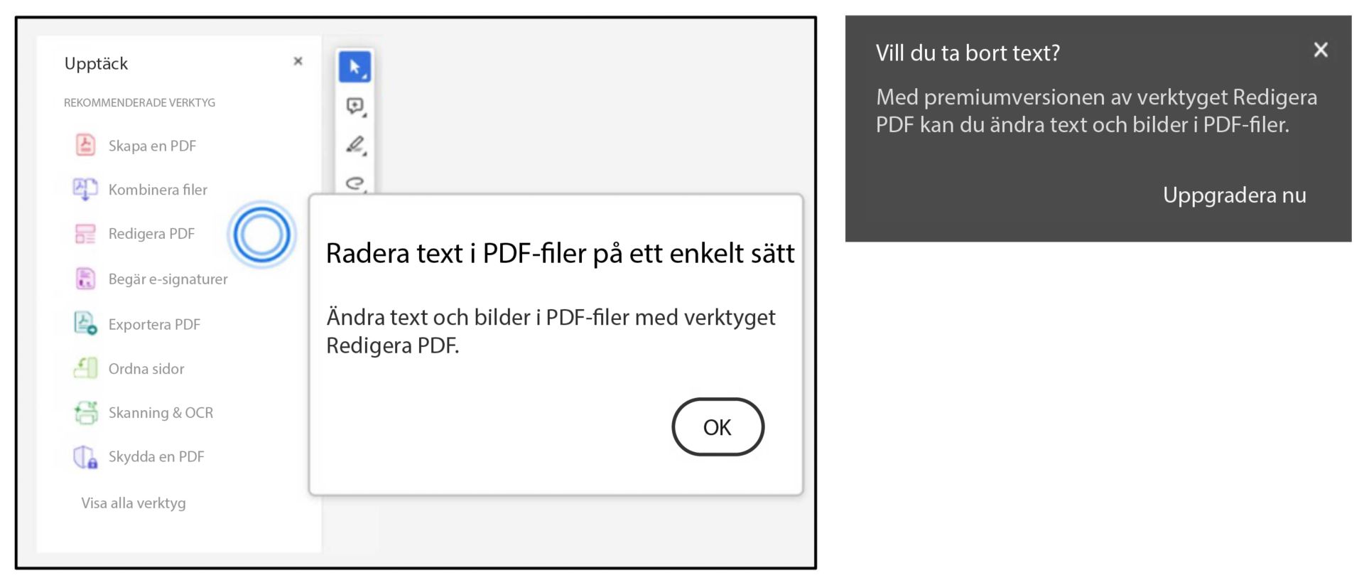 Uppmaning att använda redigeringsverktyget när du tar bort text