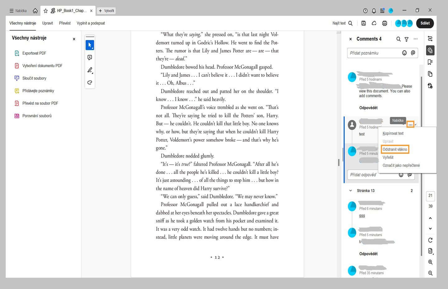 Je otevřený panel poznámek aplikace Acrobat. Jedna poznámka je vybrána a možnost Odstranit vlákno je zvýrazněna. 