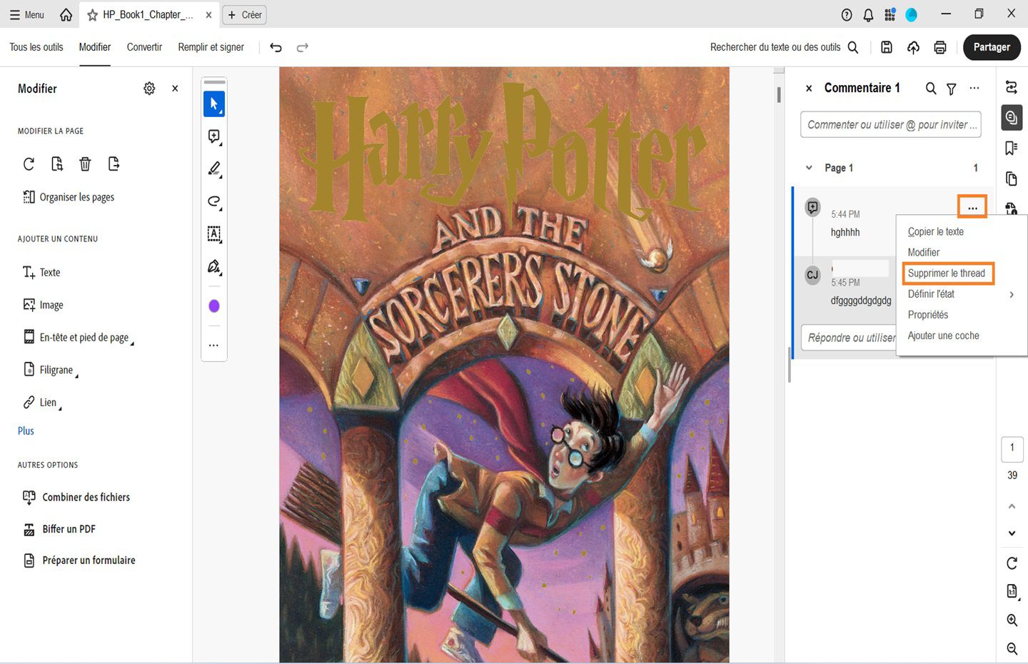 Le panneau Commentaires d’Acrobat est ouvert. Un commentaire est sélectionné et l’option Supprimer le thread est mise en surbrillance. 