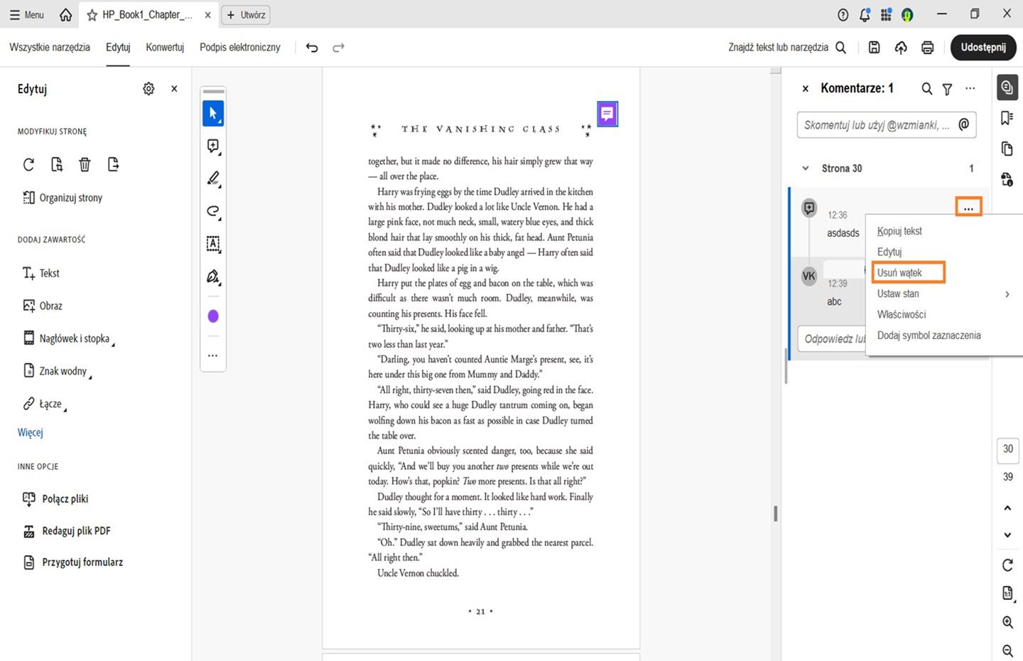 Panel komentarzy programu Acrobat jest otwarty. Jeden komentarz jest wybrany i opcja Usuń wątek jest podświetlona. 