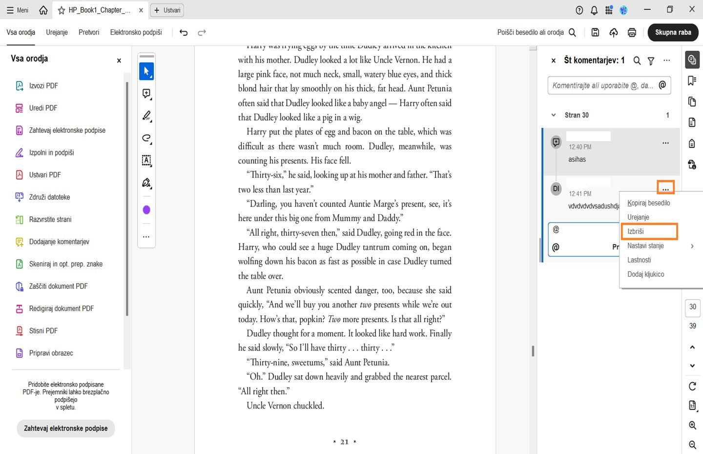 Plošča s komentarji programa Acrobat je odprta. En komentar je izbran in označena je možnost Izbriši nit. 
