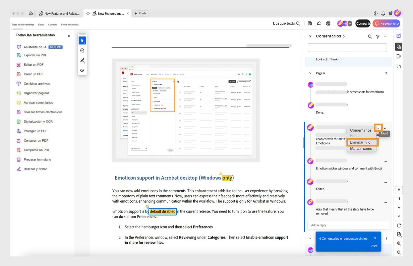 Se abre el panel de comentarios de Acrobat. Se selecciona un comentario y se resalta la opción Eliminar hilo. 