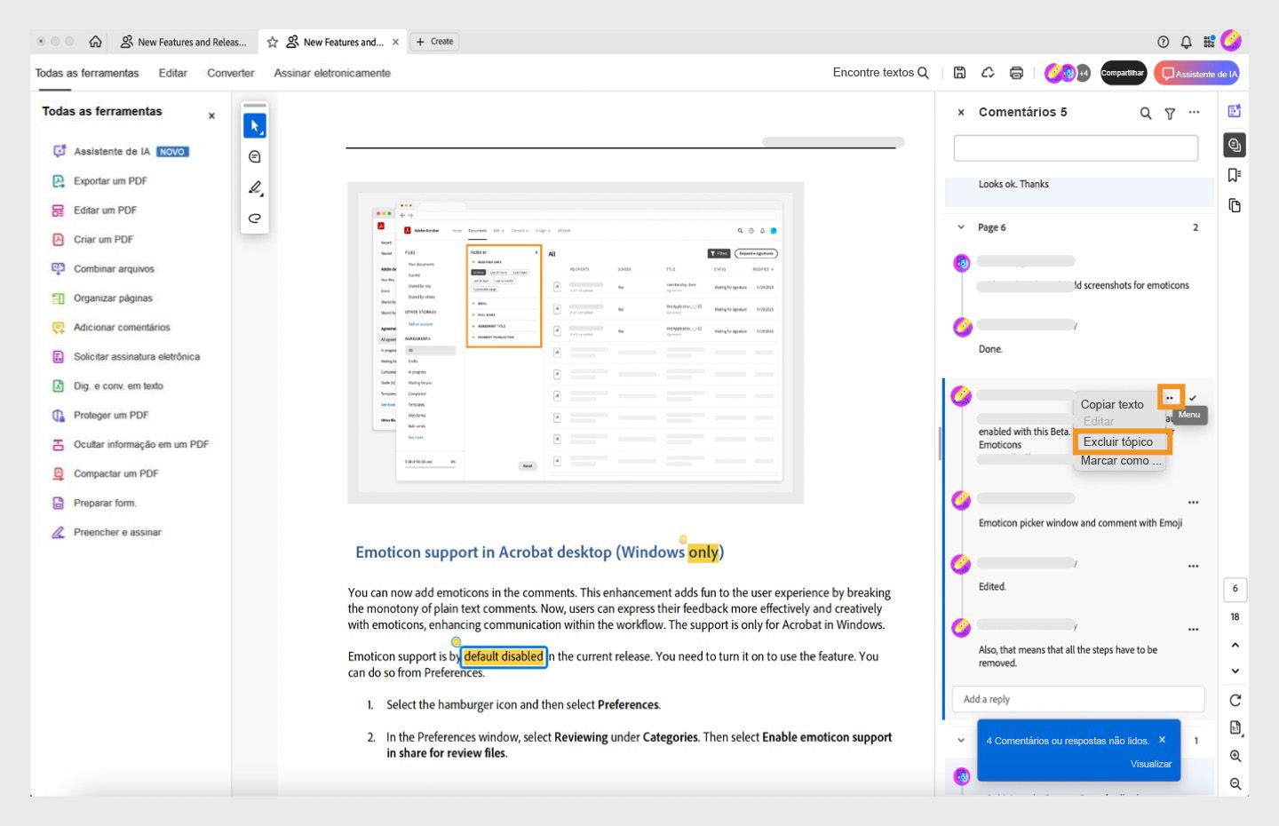 O painel de comentários do Acrobat está aberto. Um comentário está selecionado e a opção Excluir thread está destacada. 