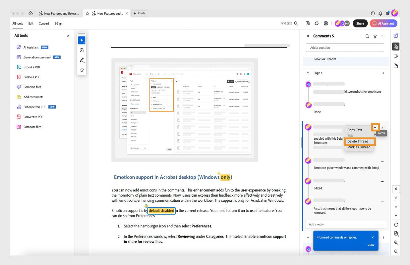 يتم فتح لوحة التعليق في Acrobat. يتم تحديد تعليق واحد وإبراز خيار Delete Thread. 