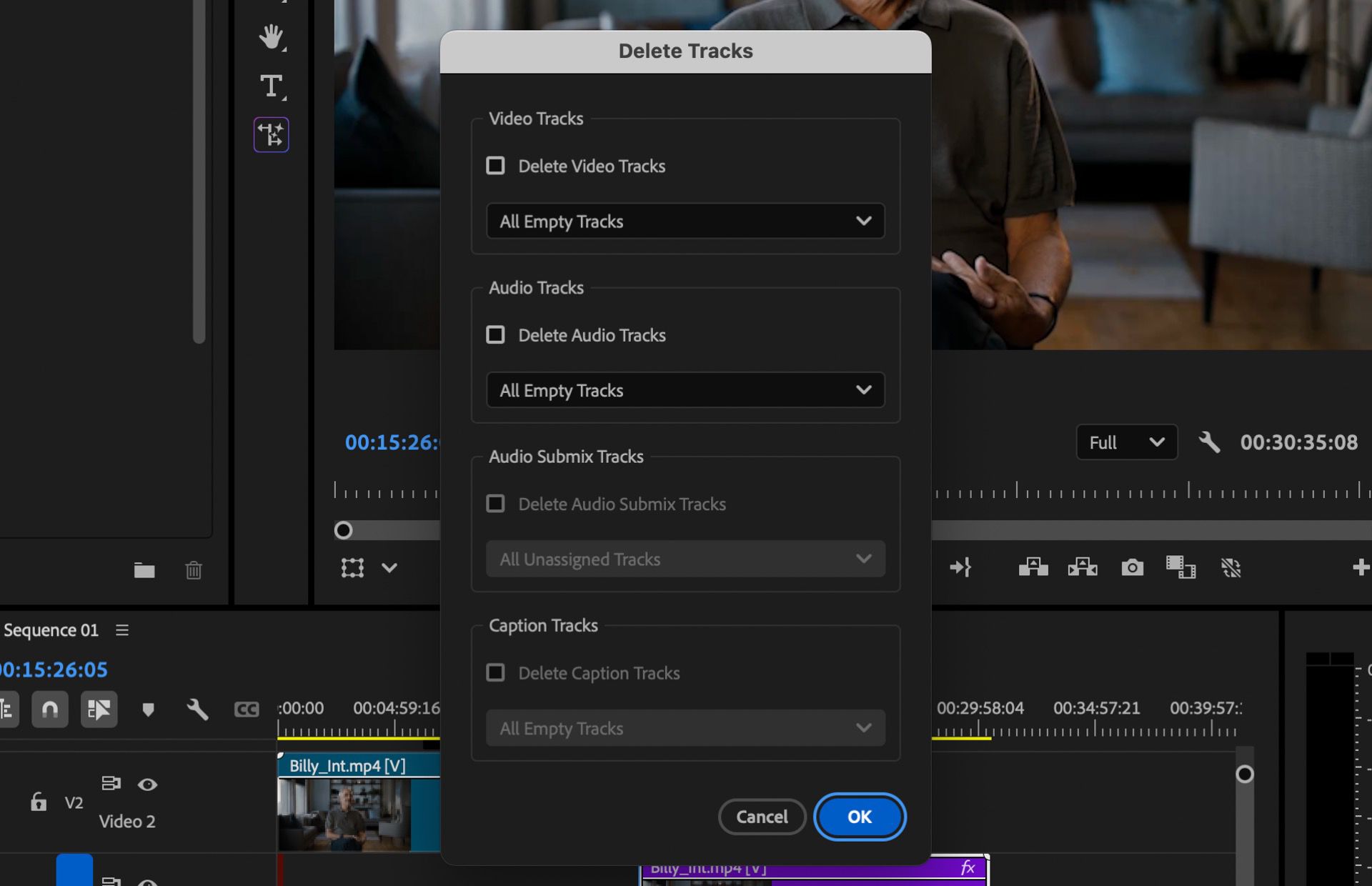 La finestra di dialogo Elimina tracce in Adobe Premiere Pro mostra le options per eliminare tutte le tracce video e audio vuote o tracce specifiche selezionate.