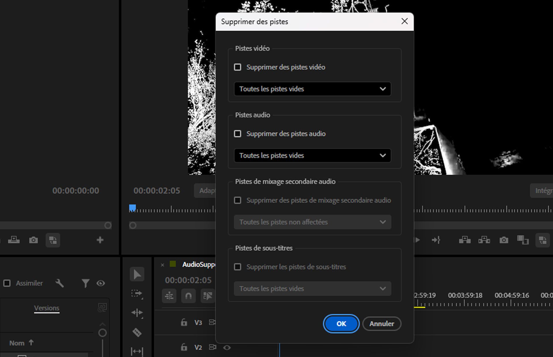 La boîte de dialogue Supprimer les pistes dans Adobe Premiere Pro affiche des options pour supprimer toutes les pistes vidéo et audio vides ou des pistes spécifiques sélectionnées.