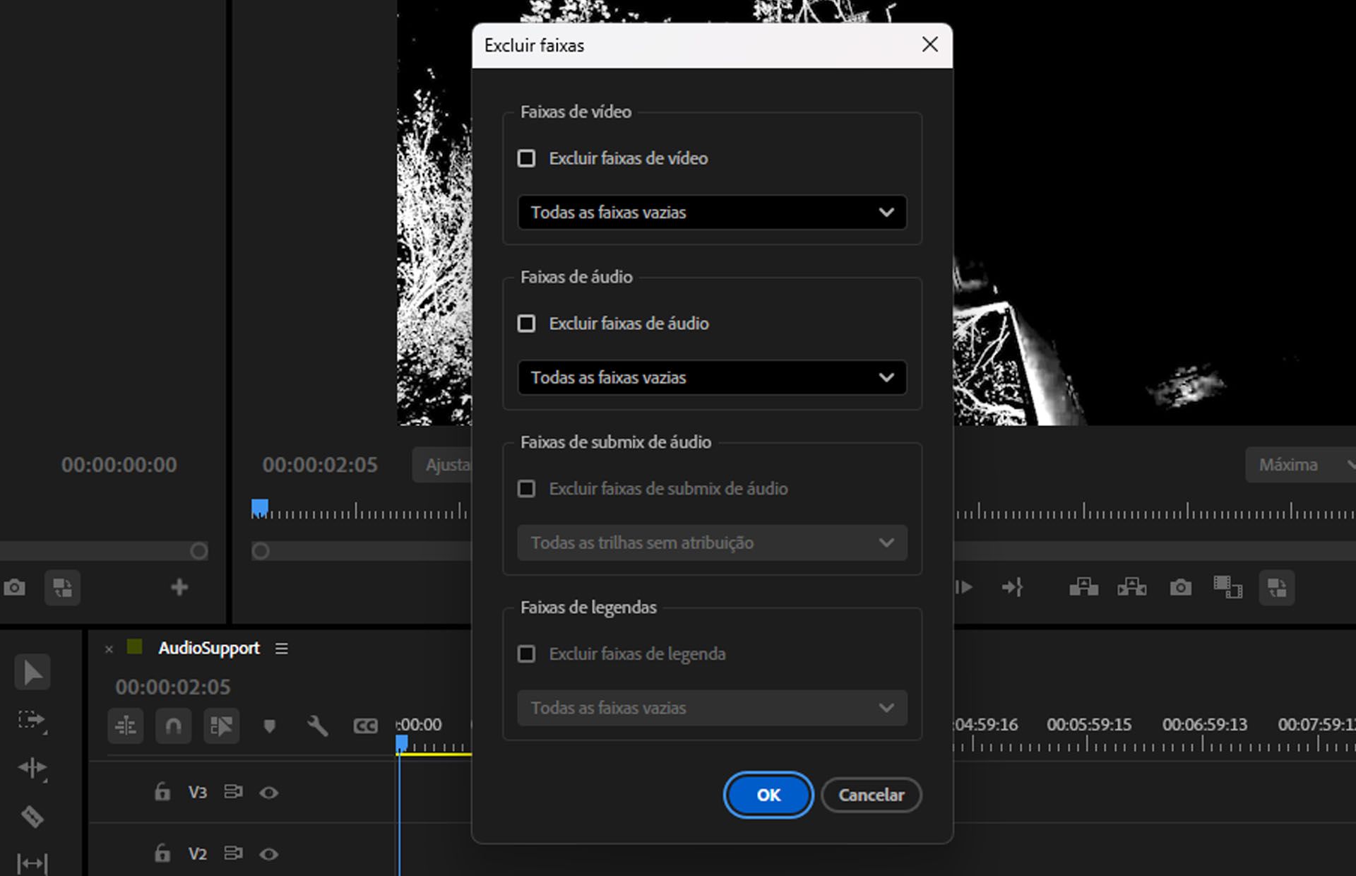 A caixa de diálogo Excluir faixas no Adobe Premiere Pro mostra opções para excluir todas as faixas de vídeo e áudio vazias ou faixas específicas selecionadas.