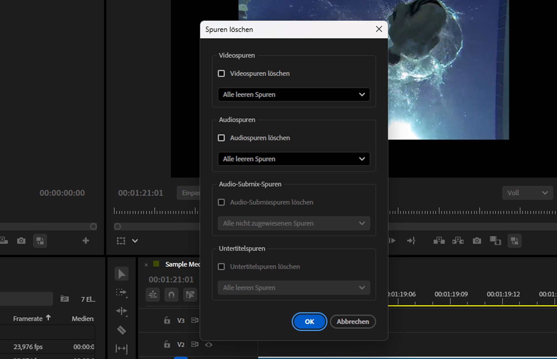 Das Dialogfeld „Spuren löschen“ in Adobe Premiere Pro zeigt Optionen zum Löschen aller leeren Video- und Audiospuren oder bestimmter ausgewählter Spuren.