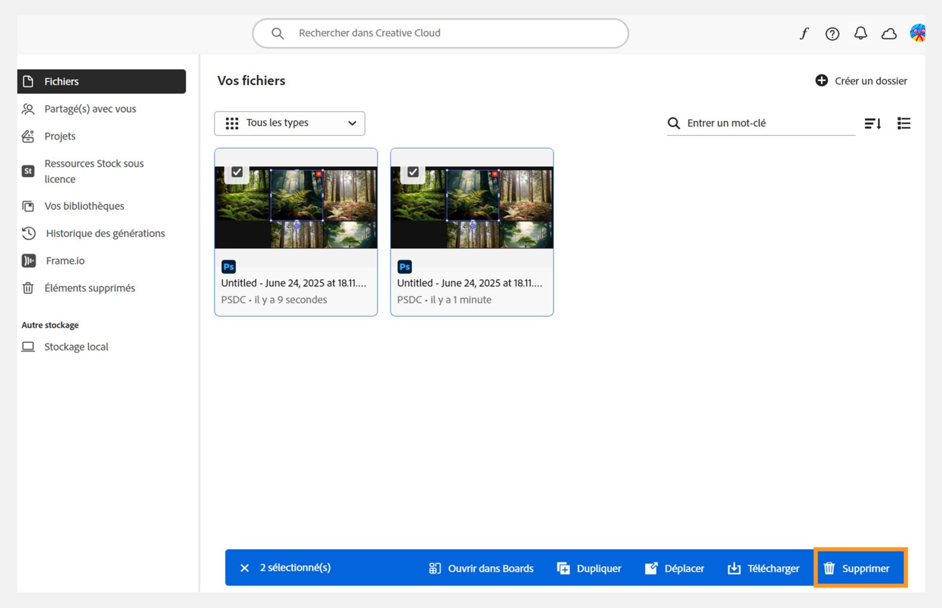 Le ruban bleu, qui apparaît en bas lorsque vous sélectionnez vos fichiers dans l’onglet Fichiers, propose une option pour supprimer vos documents en ligne. 