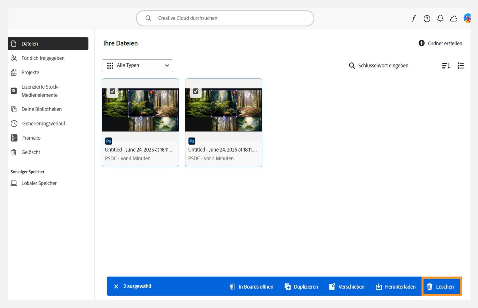 Das blaue Band, das unten angezeigt wird, wenn du deine Dateien auf der Registerkarte „Dateien“ auswählst, enthält eine Option zum Löschen deiner Cloud-Dokumente. 