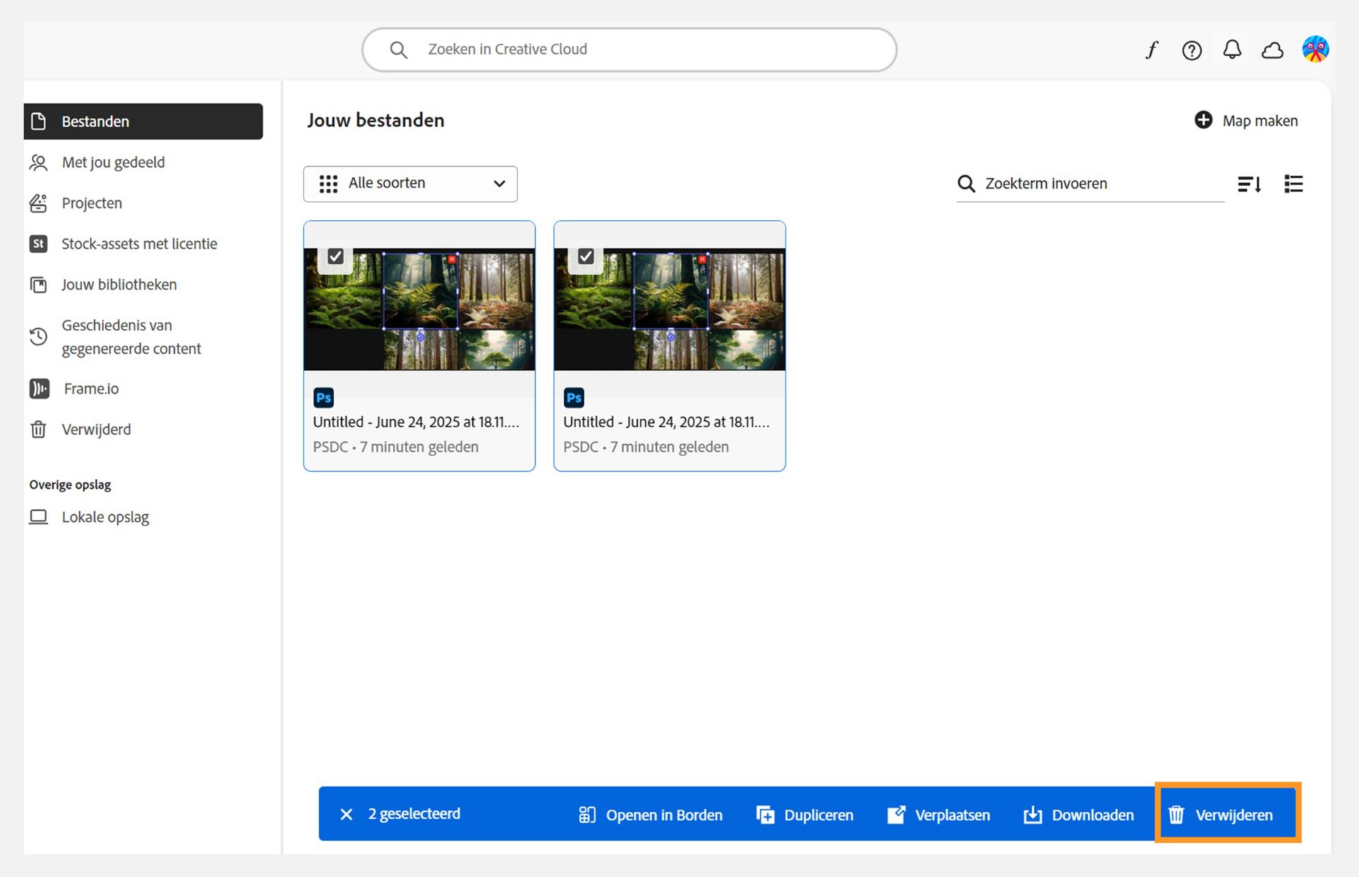 Het blauwe lint, dat onderaan verschijnt wanneer je je bestanden selecteert in het tabblad Bestanden, biedt de optie om je cloud-documenten te verwijderen. 