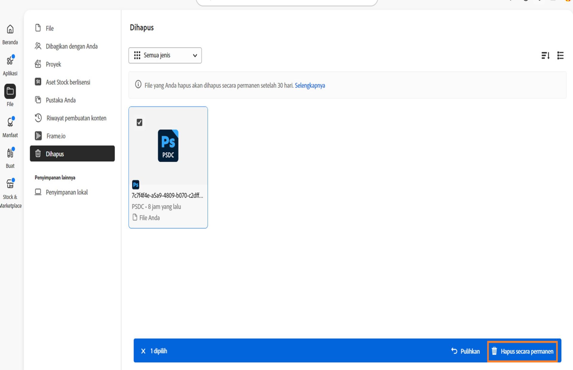 Pita biru, yang muncul di bagian bawah saat Anda memilih file di tab Dihapus, menyediakan opsi untuk menghapus dokumen cloud Anda secara permanen. 