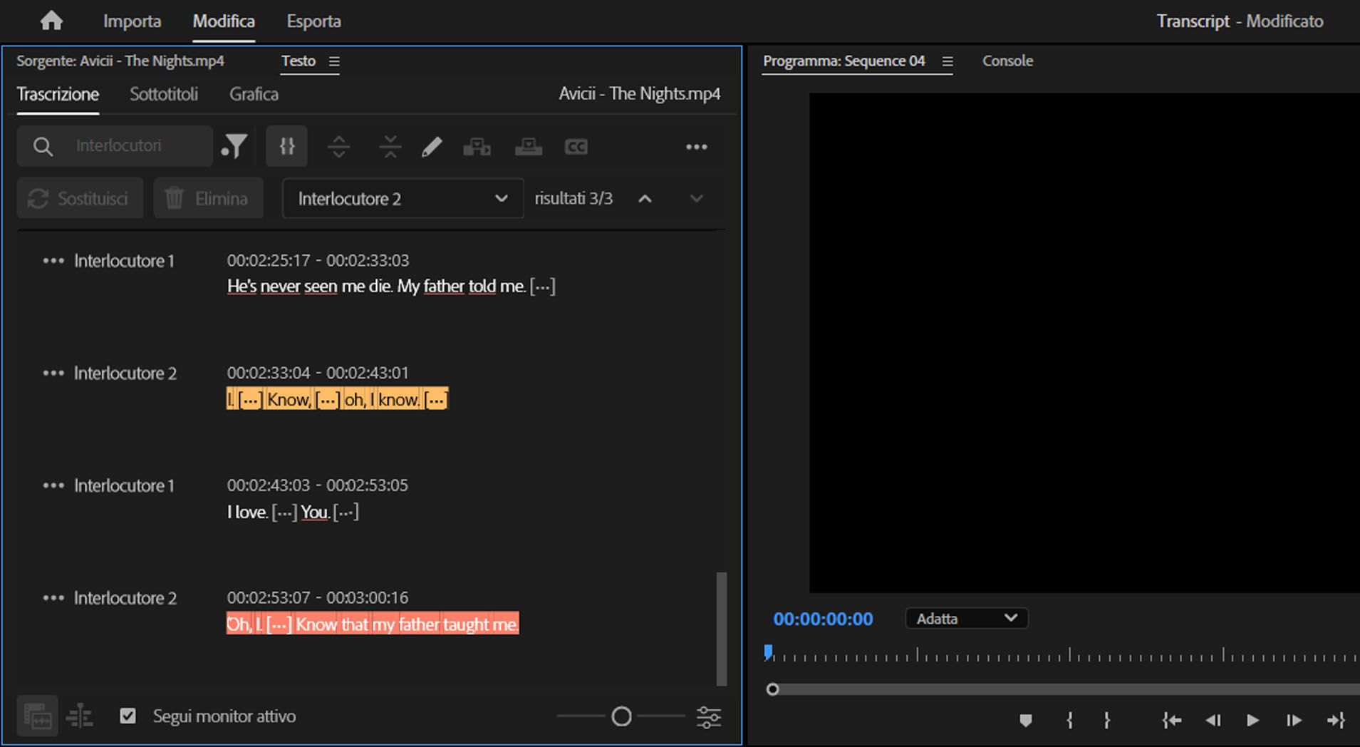 Scheda trascrizione aperta che mostra i dialoghi evidenziati dell’interlocutore selezionato.