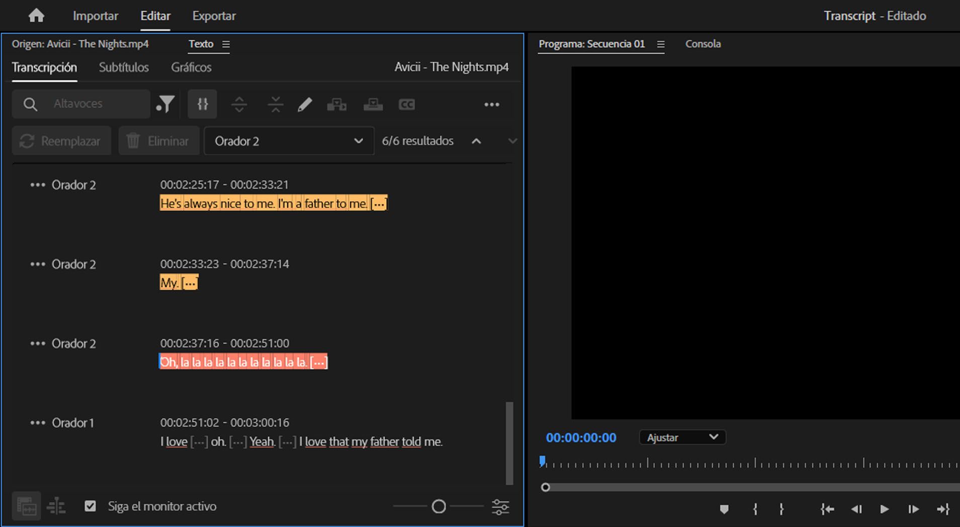 La pestaña de transcripción está abierta y muestra los diálogos resaltados del orador seleccionado.